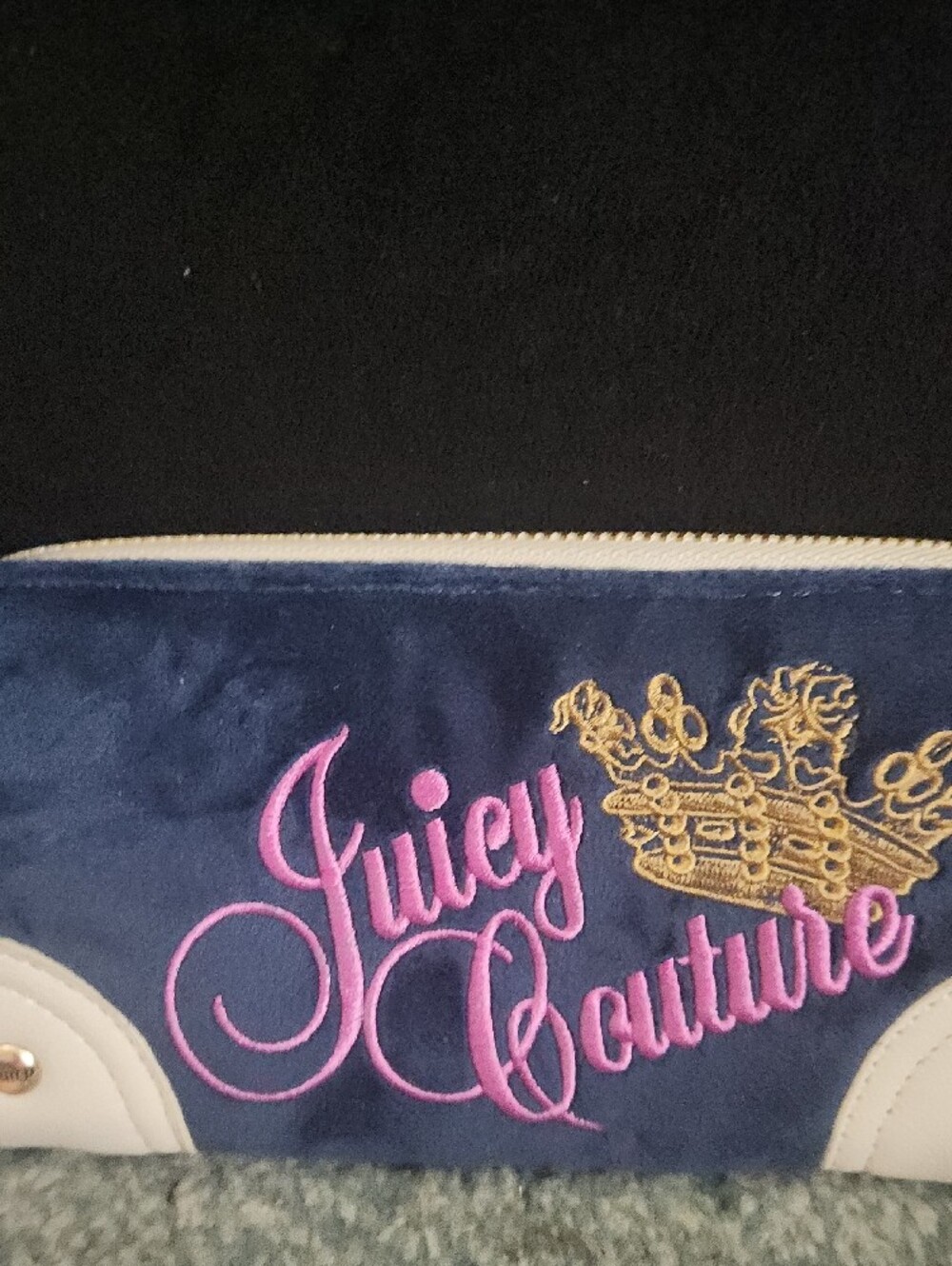Juicy Couture Regal Blue Velvet Wallet with Pink Script and Gold Crown - Picture 2 of 4